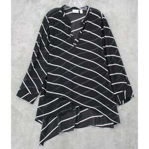 Chicos Blouse 3 US XL Sheer Striped Asymmetrical Tunic Tiered Chiffon Black